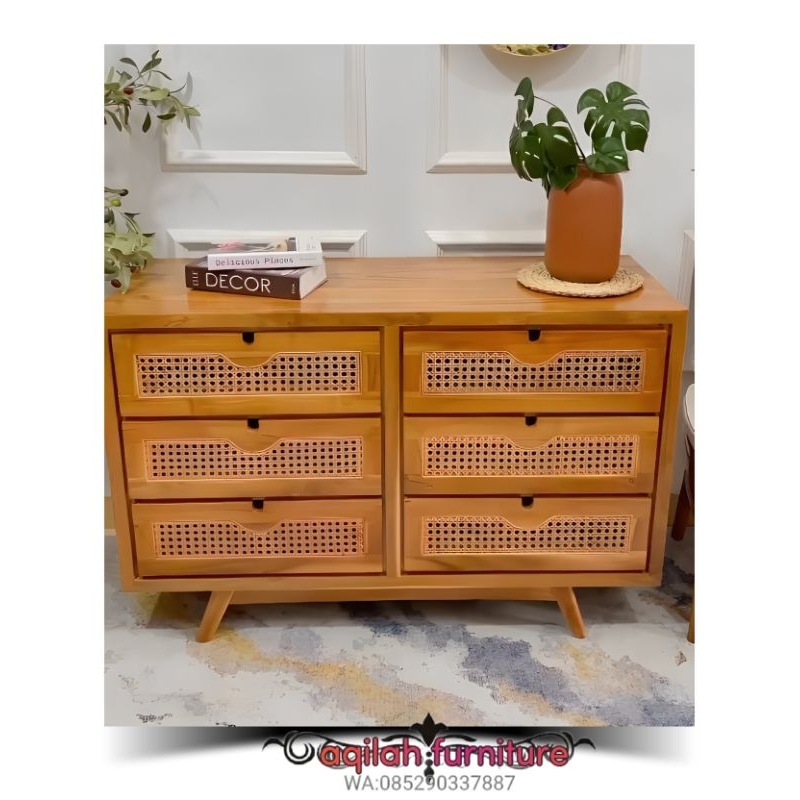 DRAWER LACI 6 NAKAS LACI KOMBINASI ROTAN KABINET MINIMALIS KAYU JATI BIFET RETRO