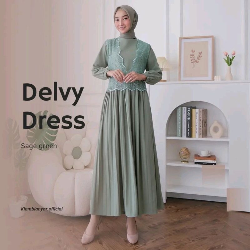 Gamis plisket brokat pesta Sage green, 4 warna | Klambianyar Delvy Dress