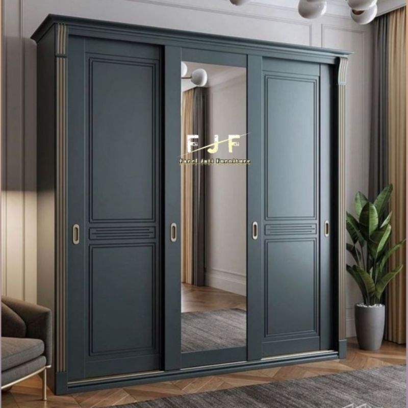 Lemari Pakaian Jati 3 Pintu Sliding Minimalis Modern Wardrobe 3 Sliding Door Luxury
