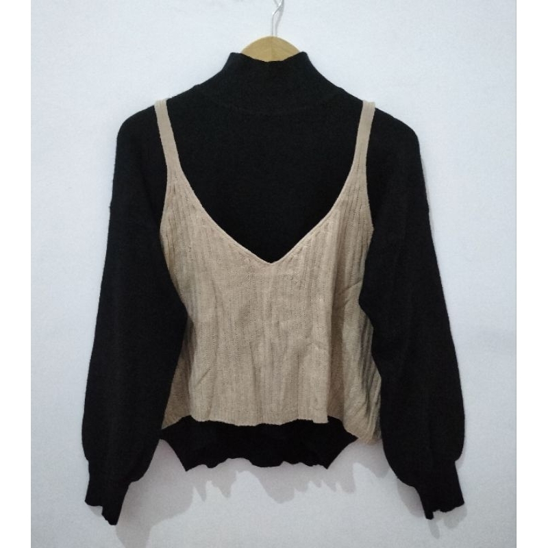One Set Sweater Kutub Balon Gu&Tanktop Crop Jaring