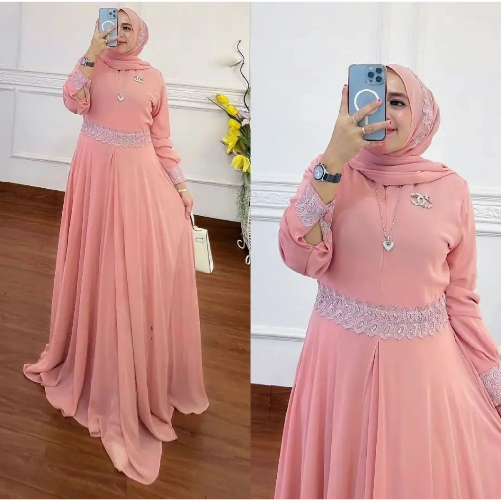 Nayla Set Pashmina l Gamis Muslim Wanita Kekinian 2in1 Matt Ceruty Babydoll l Dress Maxy Mix Renda Fashion Terlaris