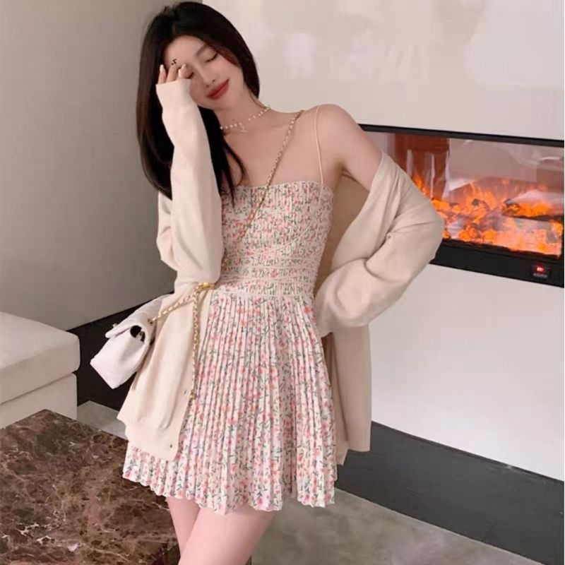 1904 Baju minidress PLEATED CAMI PLISKET MINI DRESS tanpa lengan smock kerut dres pendek Korea Korea