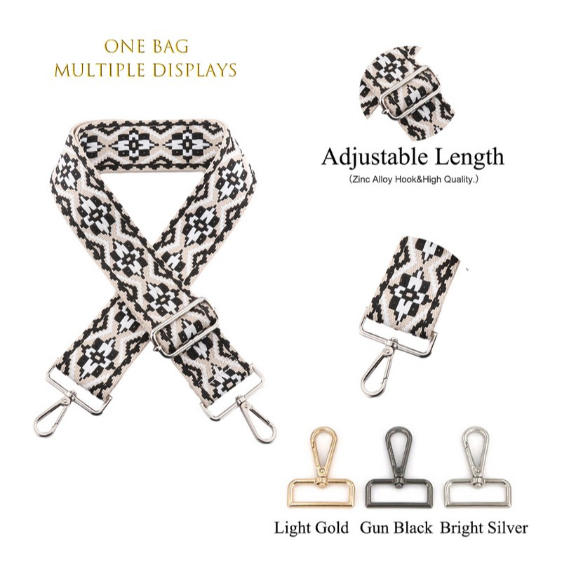 Tali tas bag strap/tali gitar lebar 5cm - Tenun Etnik - hitam cream