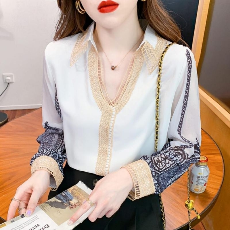 5076 Baju atasan blouse OPEN COLLAR BUTTONLESS top lengan panjang Vneck bordir hitam putih Korea Kor