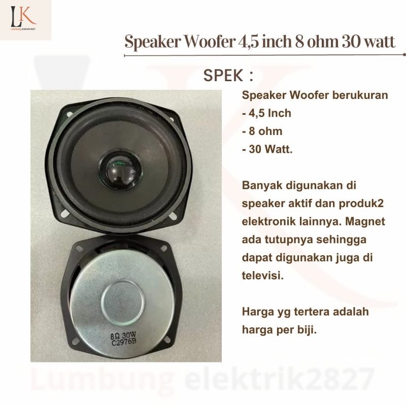 Speaker Woofer 4,5 inch 8 ohm 30 watt spiker trebel middle