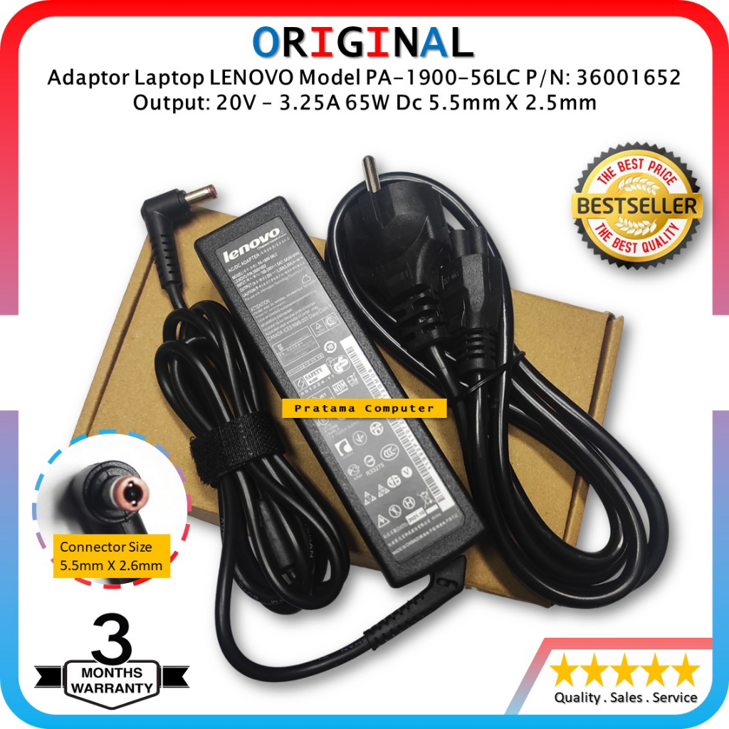 ORIGINAL - Charger Adaptor Laptop LENOVO Model PA-1900-56LC P/N: 36001652 Output: 20V – 3.25A 65W Dc
