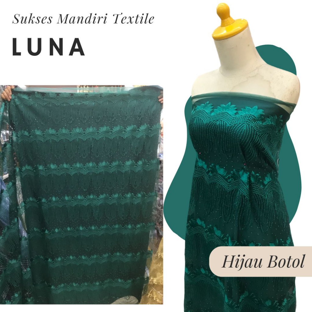 [LUNA] Brokat sulam 3D permata Hijau botol | Harga ½ meter = 50 cm (Bahan Dress Bridesmaid, Kondanga