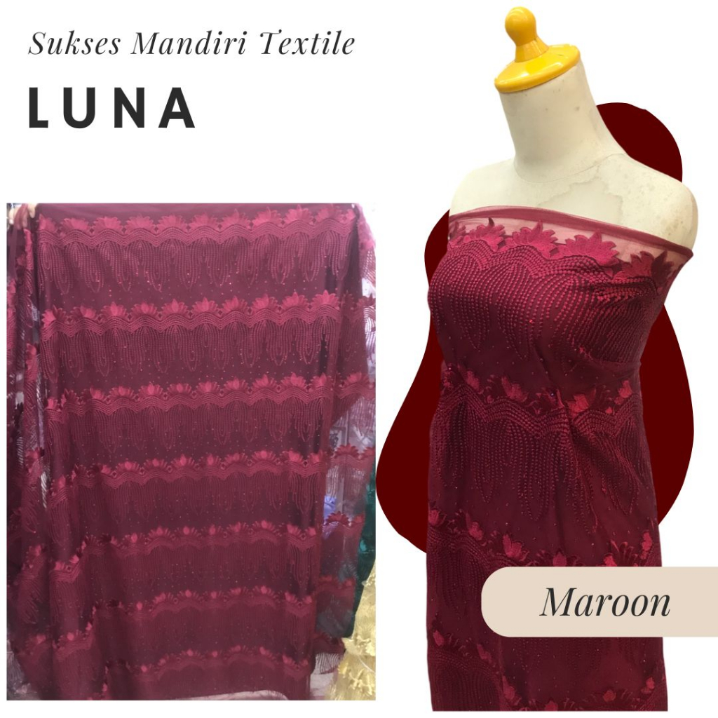 [LUNA] Brokat sulam 3D permata merah maroon marun maron | Harga ½ meter = 50 cm (Bahan Dress Bridesm