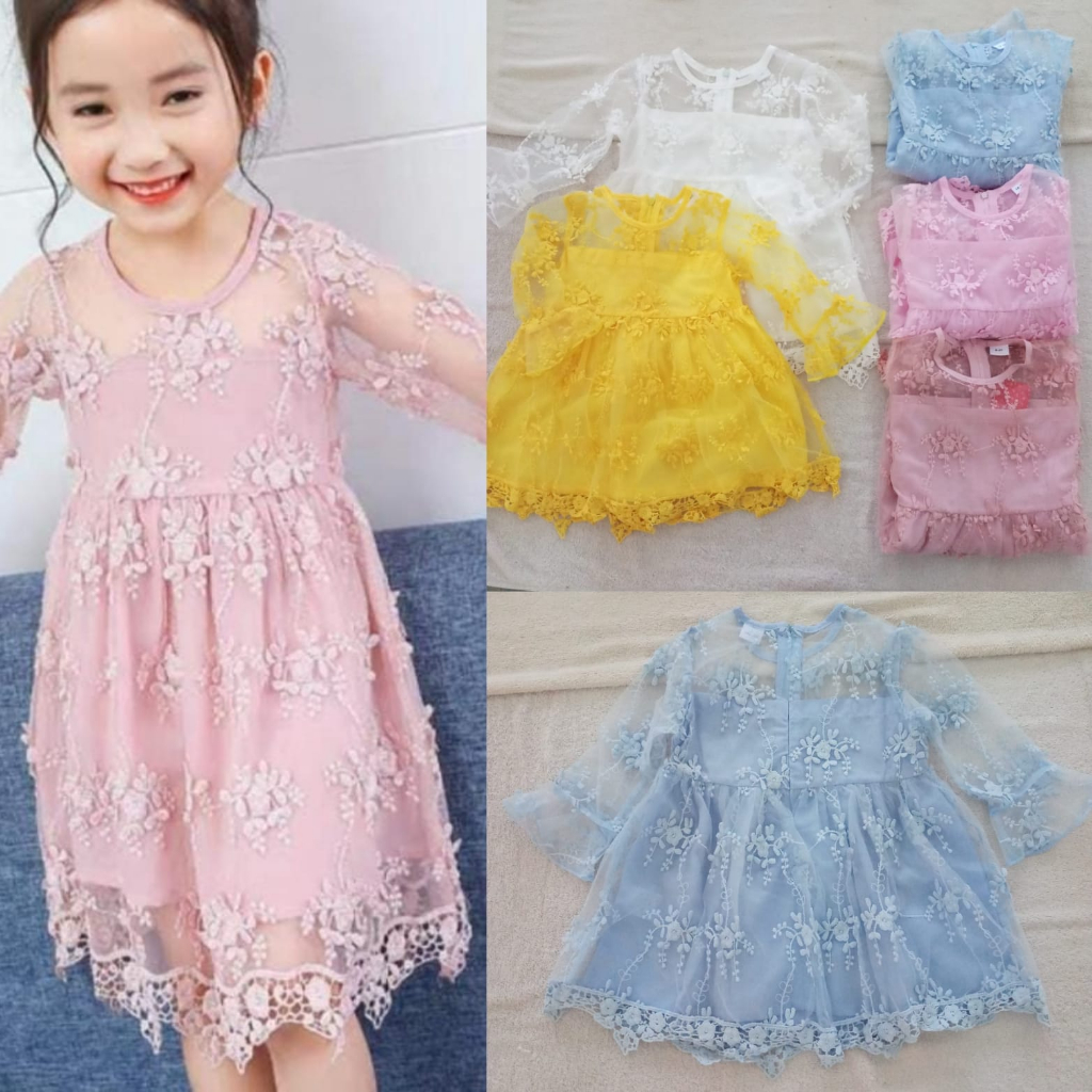 (0-6th) Dress brukat anak putih pink biru kuning lengan panjang gaun pesta lace brokat impor premium