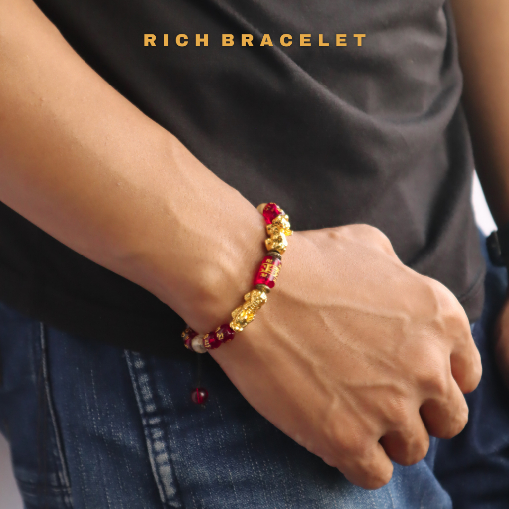 Sylviana723 Gelang Serut Batu Ukiran Tibet Alam Kecil Kristal Merah Pixiu Naga Emas Akik Kombinasi