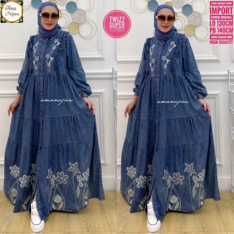 LD 130 | LD 110 Baju Gamis Jeans Washed Snow Import TWIZZ MAXY SUPER JUMBO