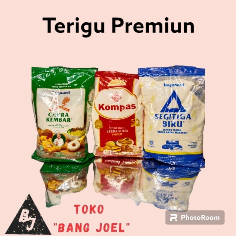

Tepung Terigu Kemasan 1KG / Terigu Bogasari Cakra Kembar / Kompas / Segitiga Biru