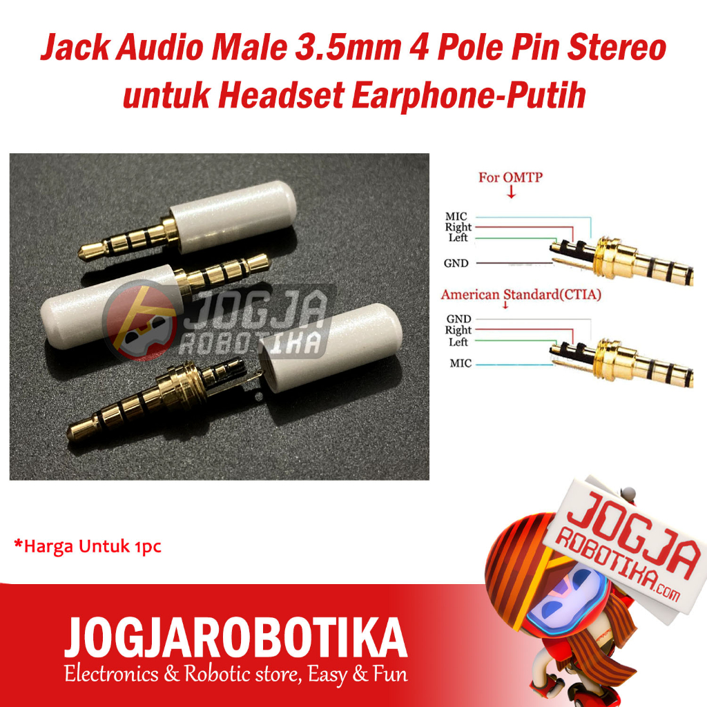 Jack Audio Male 3.5mm 4 Pole Pin Stereo untuk Headset Earphone-Putih