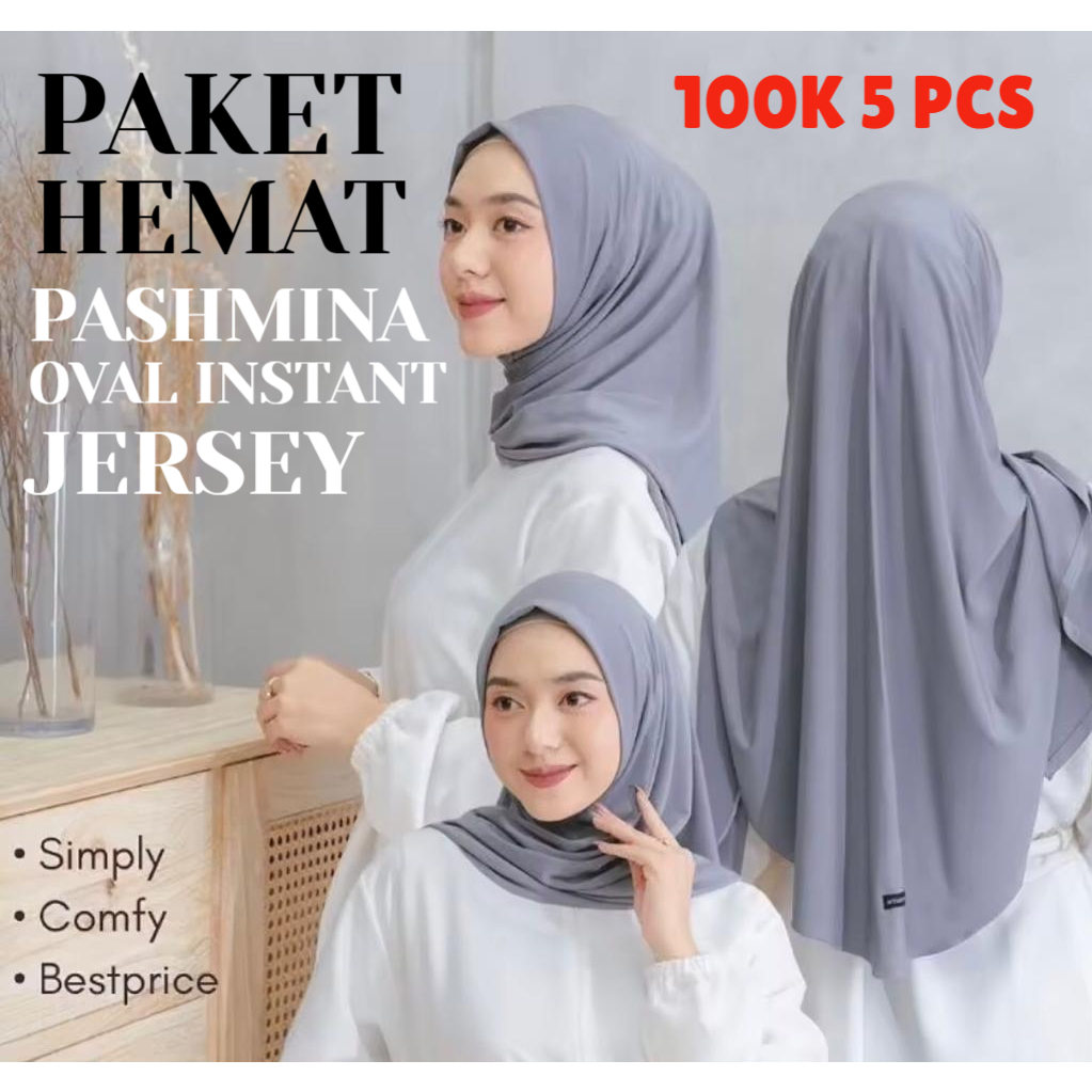 PAKET HEMAT PASHMINA OVAL INSTAN JERSEY 200X75CM 100K 6PCS TERLARIS