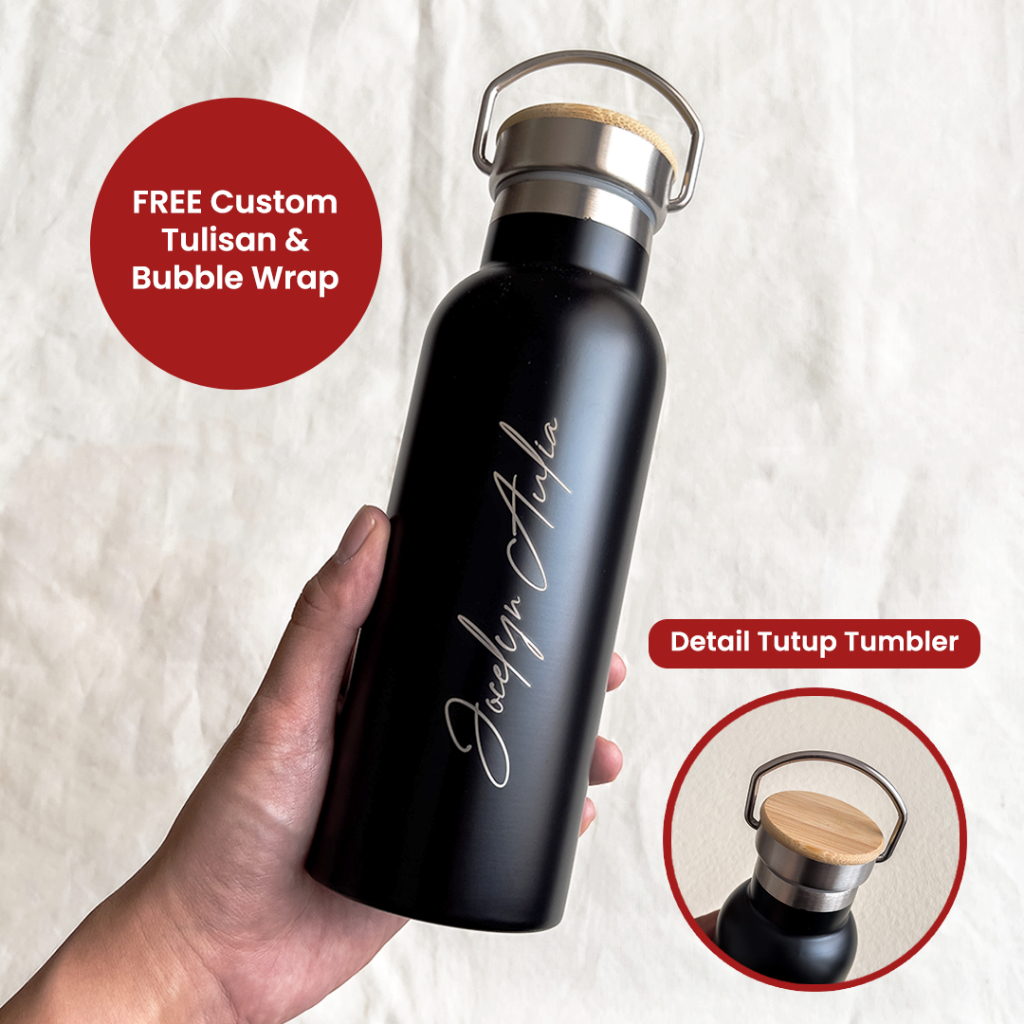 Tumbler Bamboo Custom Nama Tumblr Stainless Grafir Logo Kado Custom Tulisan Nama atau Logo Hadiah
