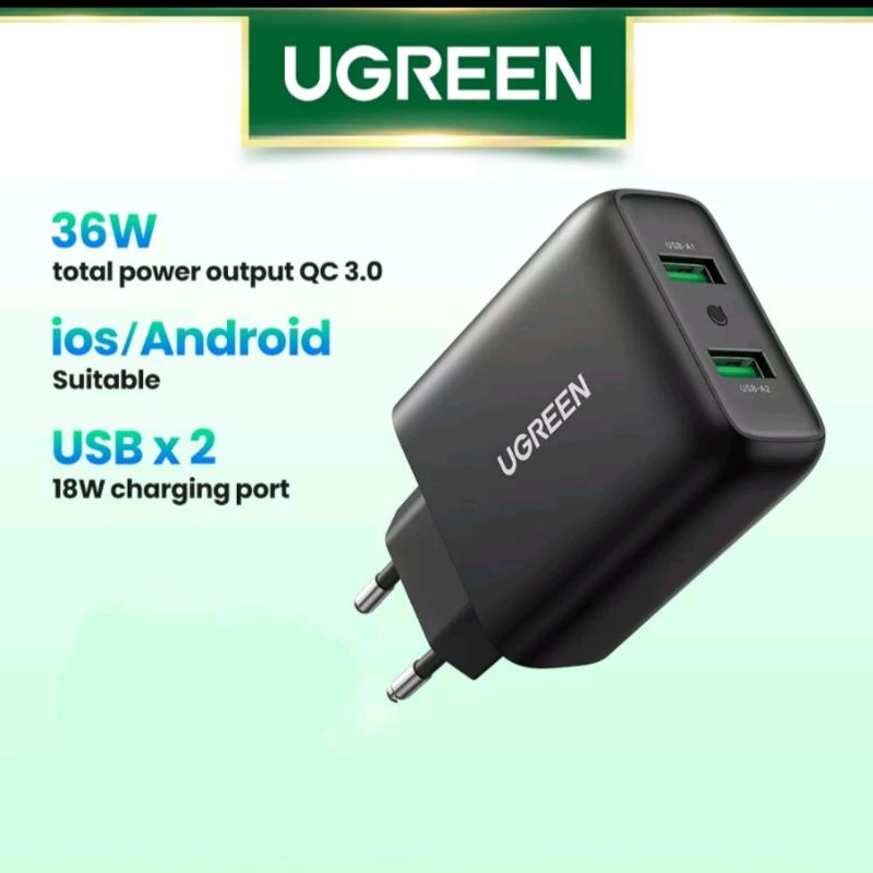UGREEN Adaptor charger 36W ( 2 port USB QC 3.0 )