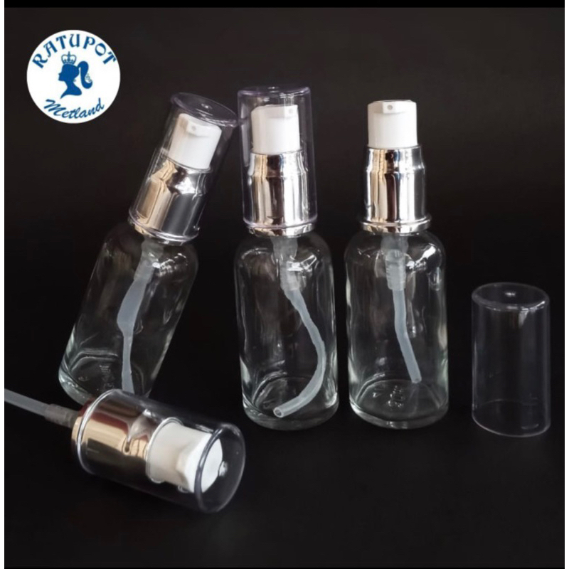 botol 30 ml kaca bening tebal pump silver