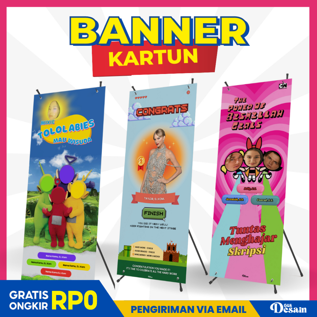 Banner Kartun, Wisuda, Kompre, Sempro, Ulang Tahun | Free Design & Free Tiang | X Banner