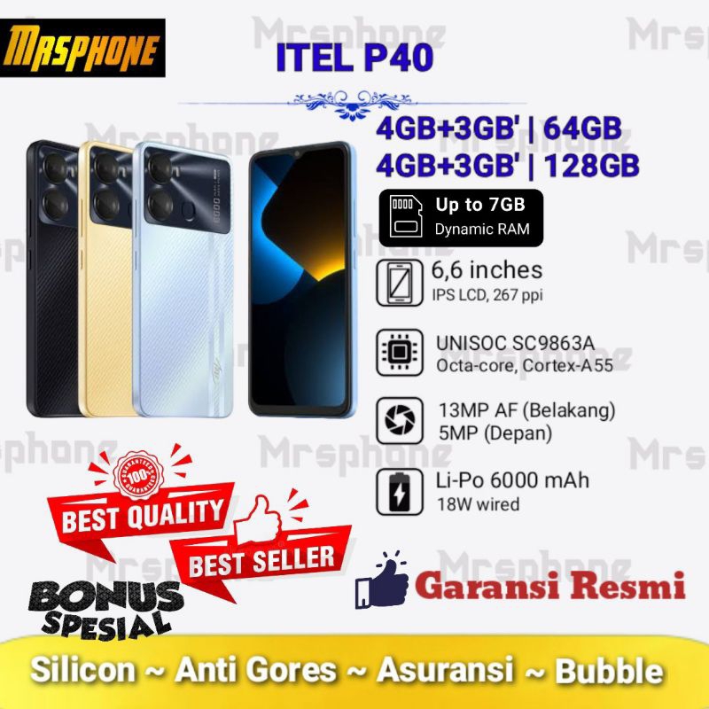 Itel P40 Ram 7GB [4+3GB/64GB][4+3GB/128GB] - Baterai 6000mAh | Garansi Resmi