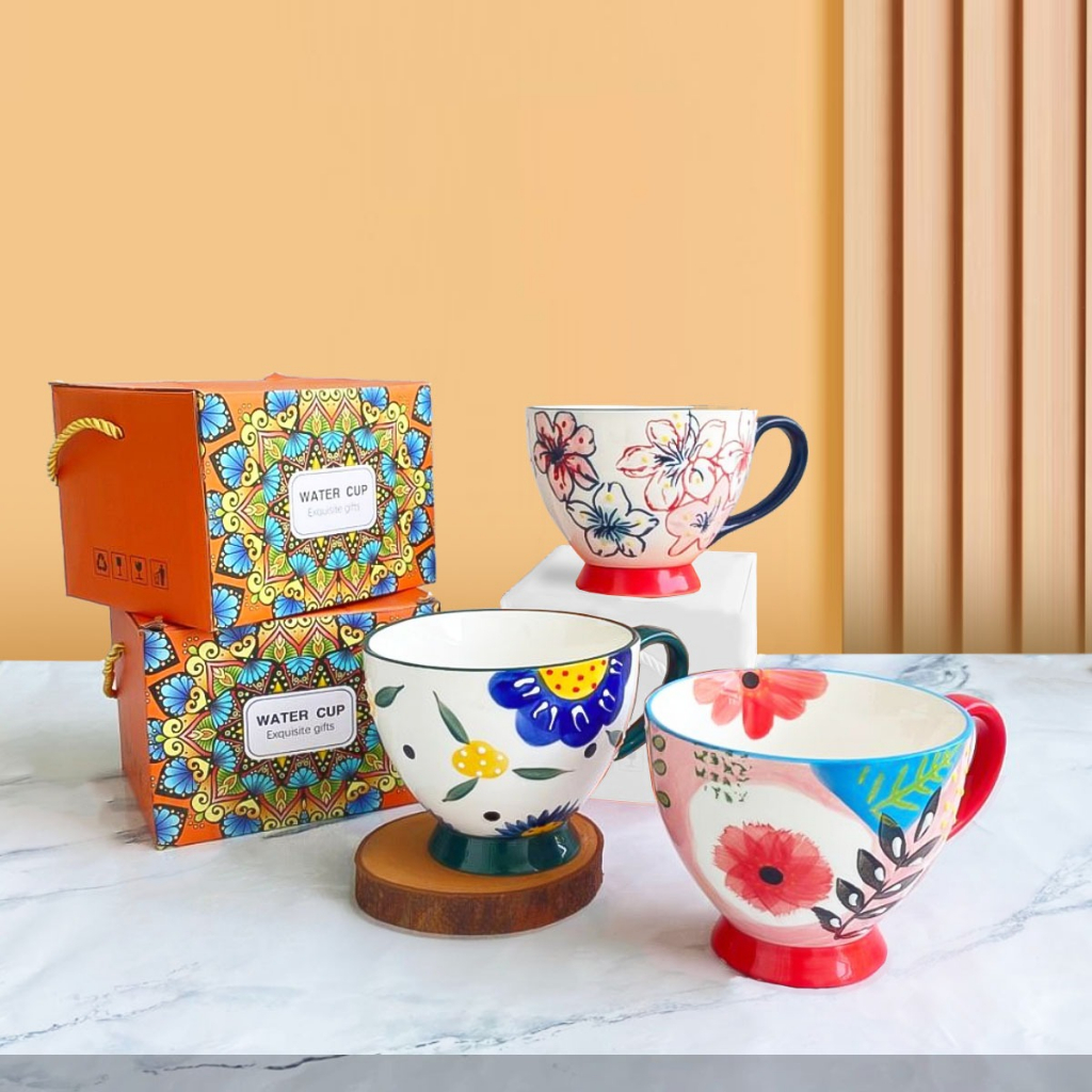 Ideame Cangkir Besar Gelas Keramik Motif Bunga Batik / Cangkir Keramik Mug Cangkir Peralatan Minum M