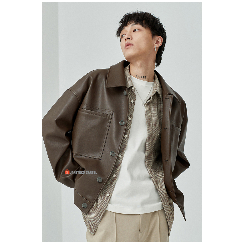JNK x MAURO - Jaket Kulit Imitasi Pria Hitam Coklat Overisze Ukuran Besar Leather Jacket Premium Ori