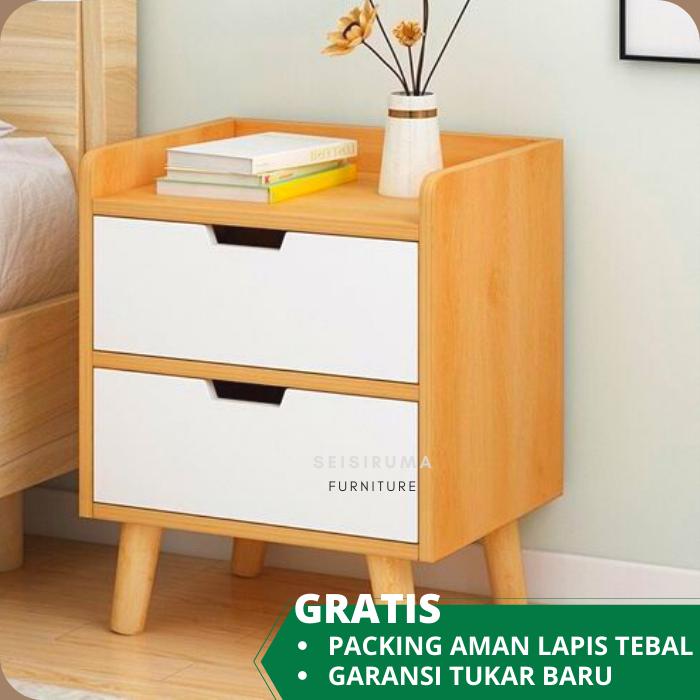 Meja Nakas Minimalis aesthetic Serat Kayu 2 Laci Putih