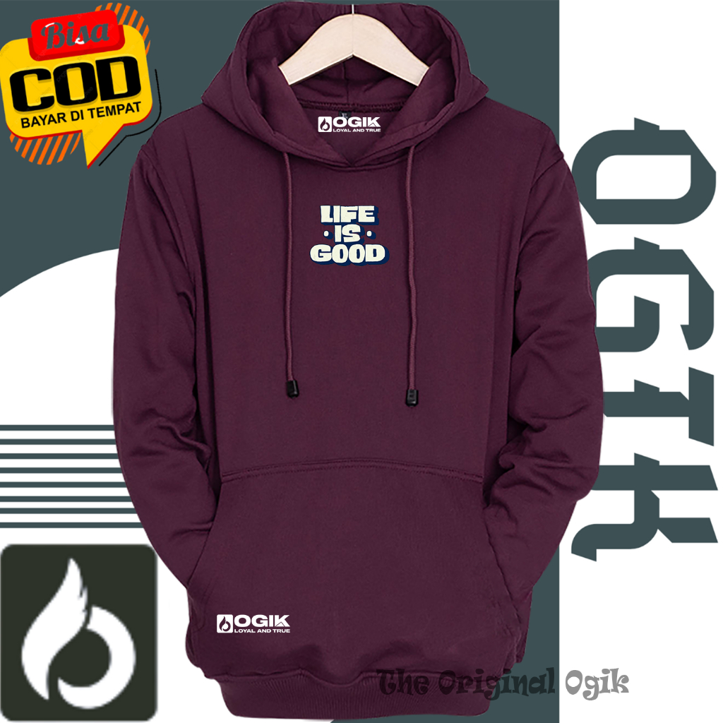 jaket distro original brand warna abu paralon list sablon life is good hoodie cowok distro original 