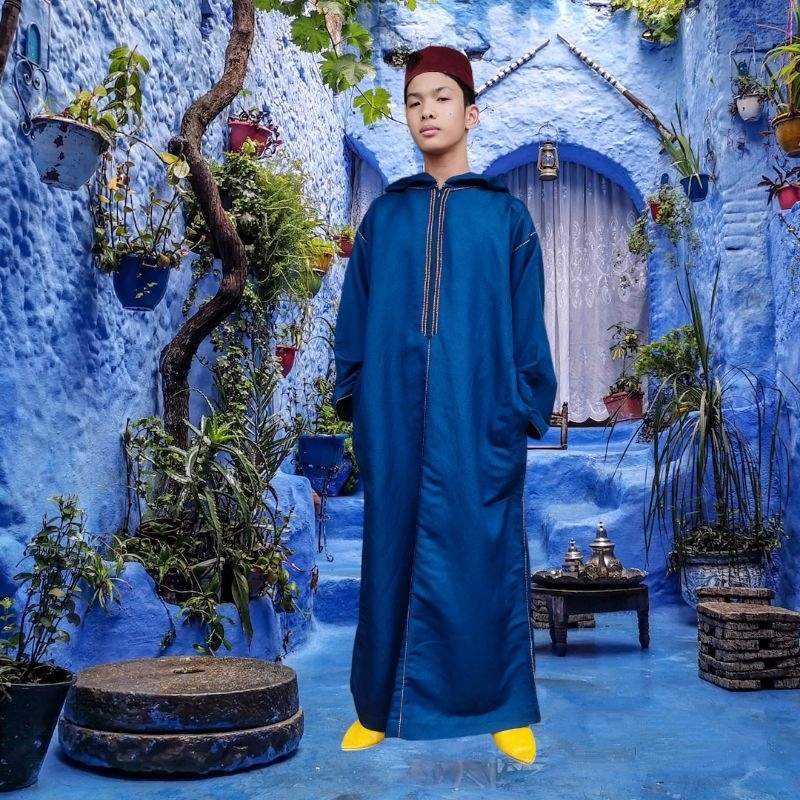 Gamis Hoodie Djellaba Maroko Jalabah Jubah Kapucong Maroko Pria Cotton Pure Linen Navy