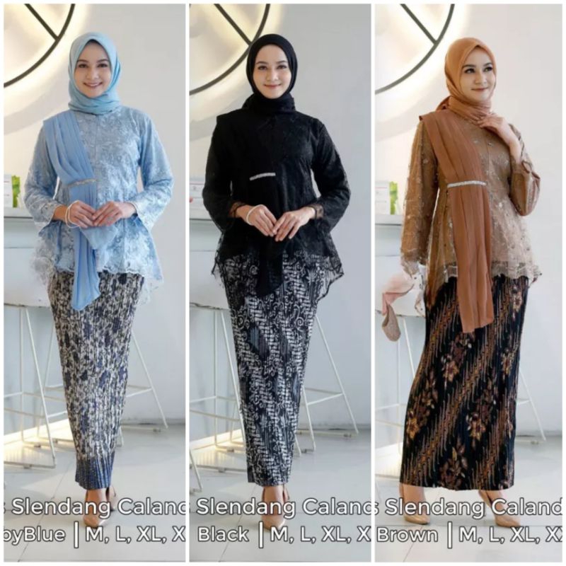 SETELAN KEBAYA AURORA SLENDANG MIX ROK PLISKET BATIK PANJANG DEWASA / BAJU KEBAYA MUSLIM MODERN / SE