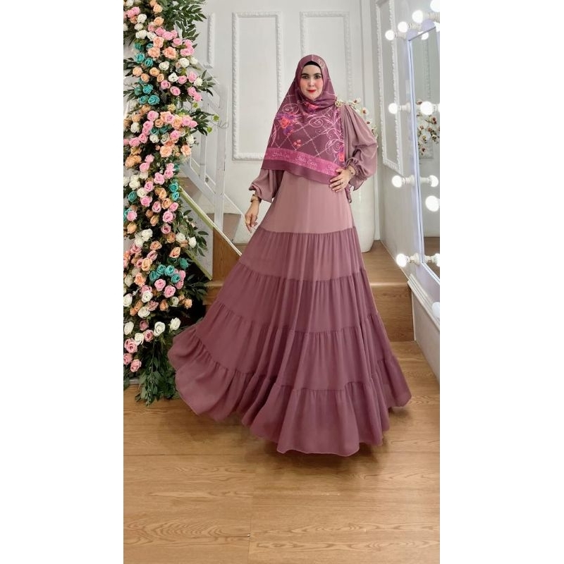 Ambrela 2 Tone Warna Dress / Satu Warna By Yodizein Syari. Polos Bunga Hitam Putih