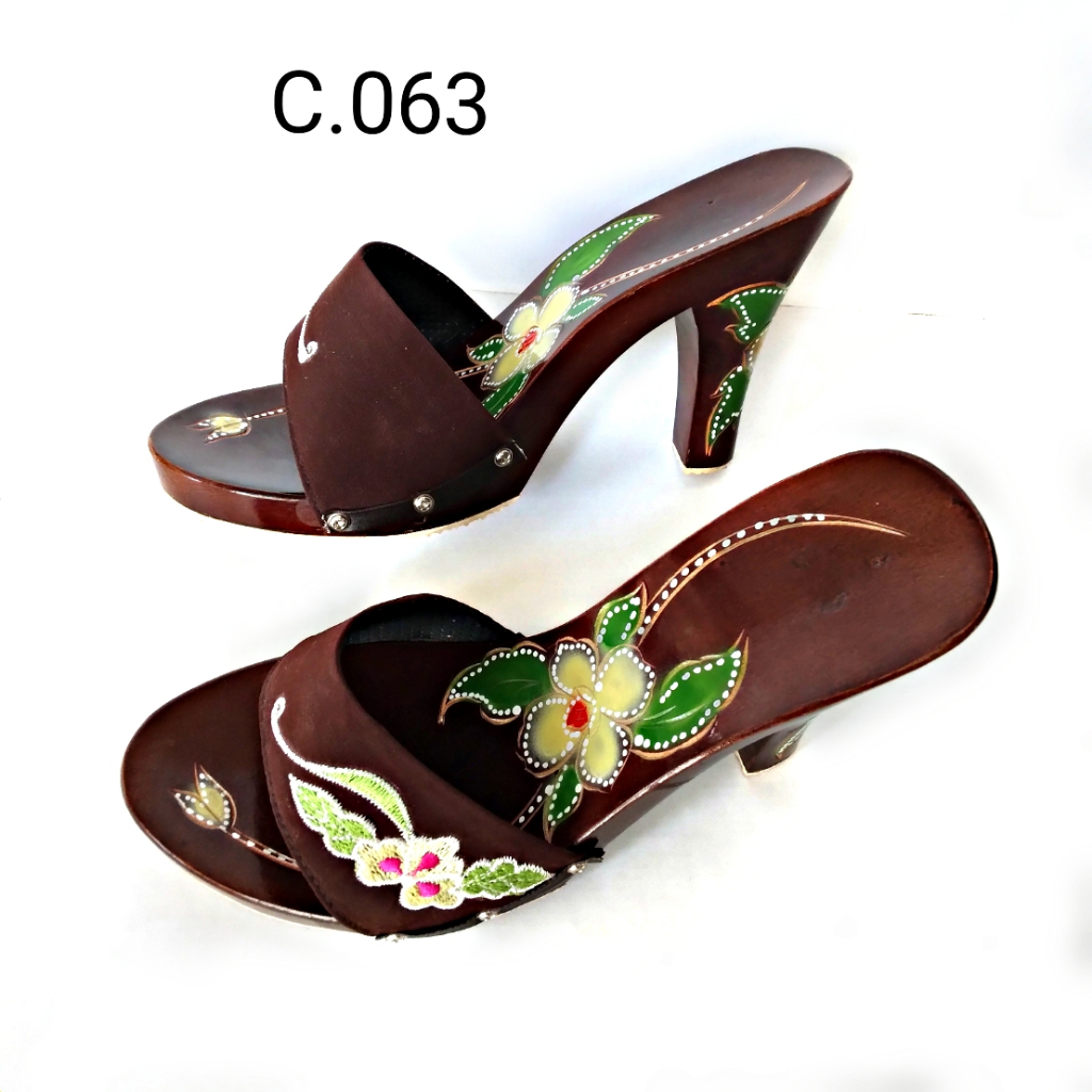 Sandal Kayu Wanita Hak Tinggi Ukir Airbras Selop Bordir