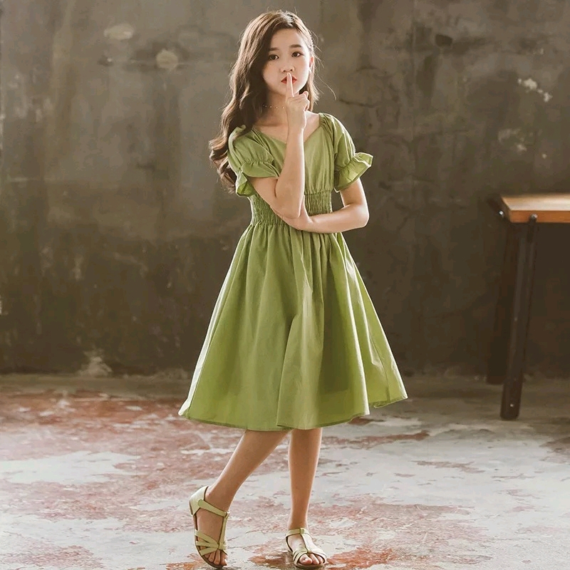 Dress Anak Sabrina Kerut Smock Smok Pinggang Anak Lengan balon Puff Katun Polos Usia 2 – 12 Tahun