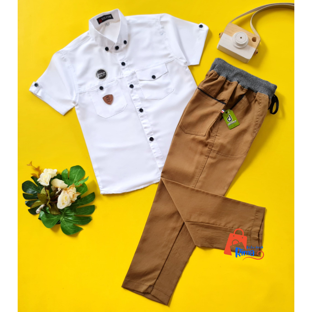 BISA COD//GRATIS ONGKIR//Tampil Trendy Dan Keren Setelan Kemeja Polos Lengan Pendek Double Pocket Anak Laki-laki Terbaik Celana Chinos Panjang Untuk Anak Usia 2-11 Tahun