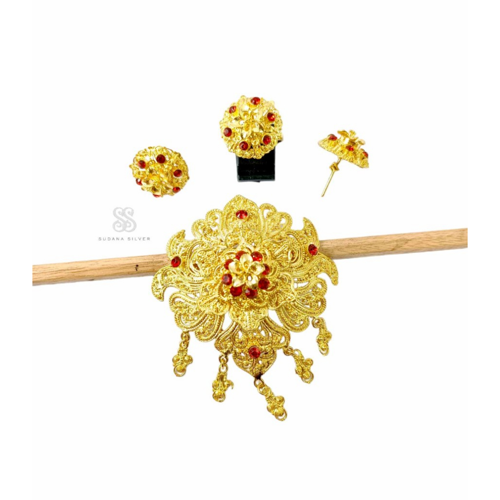 Set Bros Alpaka Jinar Merah Gold Plated Bali