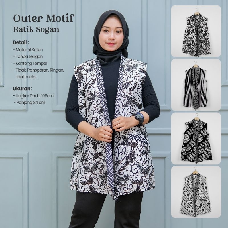 Bolero/ Outer Tanpa Lengan Motif Batik Monokrom - Joglo Batik