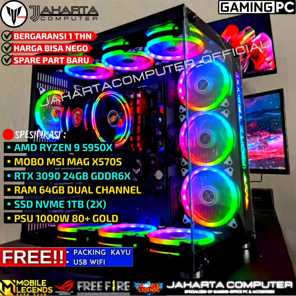 PC GAMING SULTAN SPEK DEWA FULSET RYZEN 9 RTX 3090 24GB RAM 64GB SSD 2TB NVME HDD 5TB SIAP PAKAI S17
