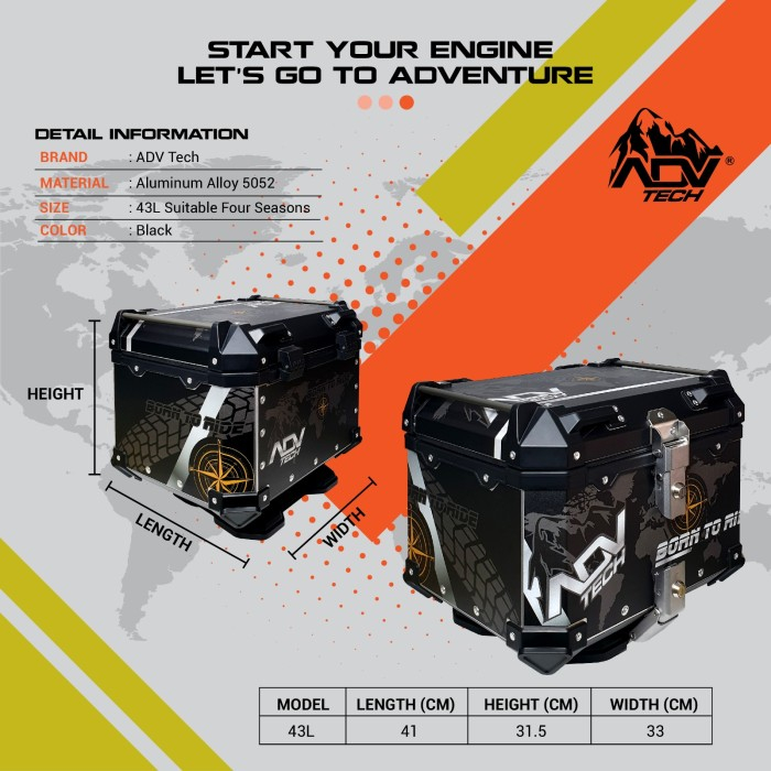Top Box Tail Box Motor Touring Aluminium Pannier 43Lt 4ADV Universal
