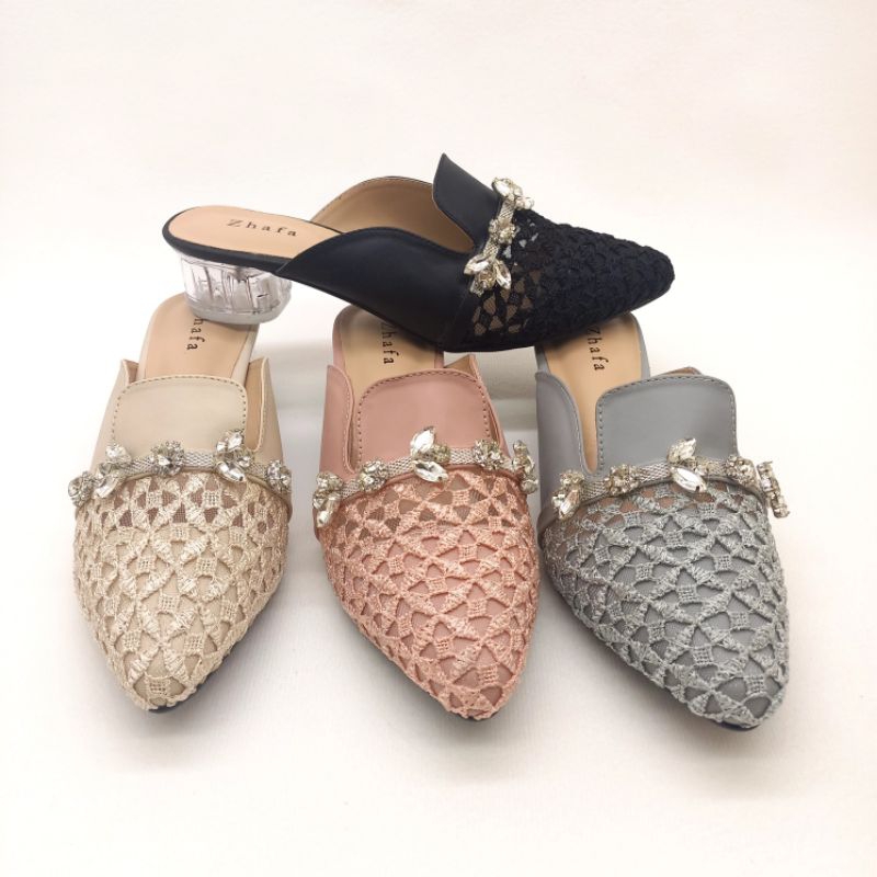 Zhafa - Sandal Wanita Brukat | Sendal Slop Daun Kristal |  Sendal Hak Kaca 3cm