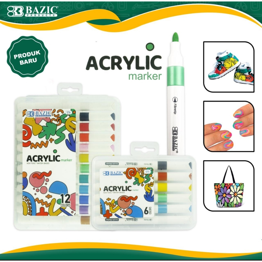 

spidol acrylic marker bazic 12 / 6 warna single tip permanent all surface akrilik