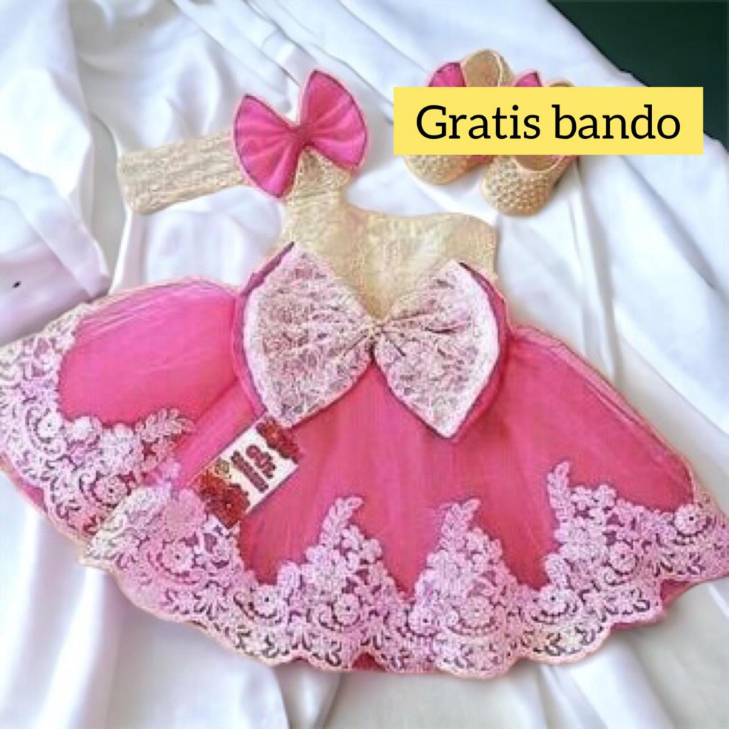 Dress Kondangan Brukat Anak Lengan Pendek Tangan Buntung GRATIS BANDO Baju Pesta Bayi Balita TK KB P