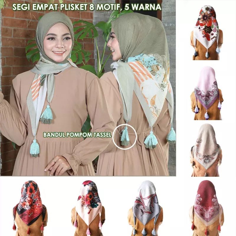 kerudung motif plisket jambul/ jilbab segi empat plisket jambul /tasel polos