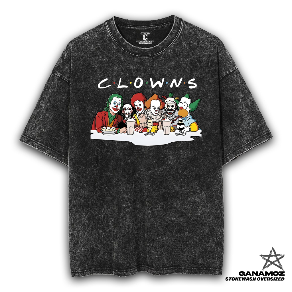 GANAMOZ Kaos Kartun THE CLOWNS Stone Wash Oversize T-shirt | Kaos Oversize Wanita | Kaos Oversize Pr