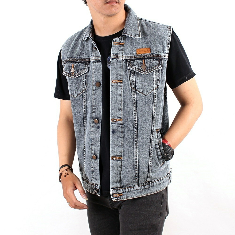 Jaket Jeans Rompi Pria Sandwash Grey / Jaket Rompi Motor Bikers / Jaket Rompi Ripped Jeans