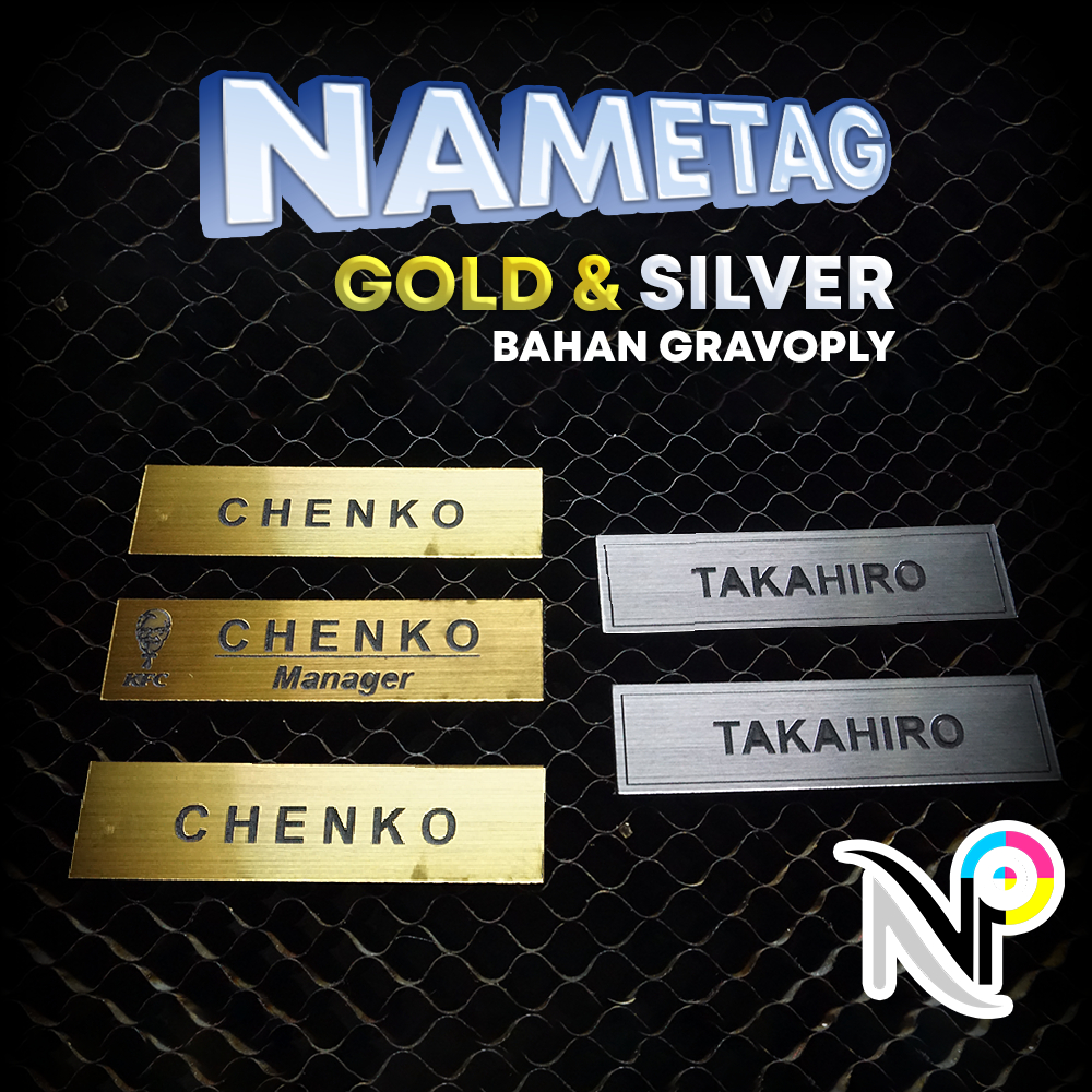

Name Tag Custom Gold & Silver bahan GRAVOPLY