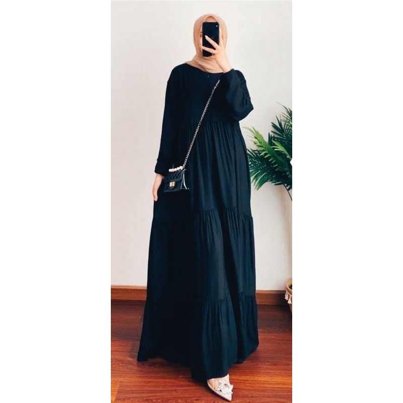 [READY] GAMIS POLOS HITAM JUMBO Susun 3 Rempel | Gamis muslim wanita