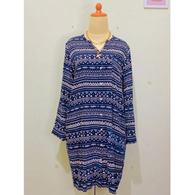Dress Atasan Kemeja Midi tunik bahan katun rayon twill Motif bunga tribal abstrak lengan panjang war