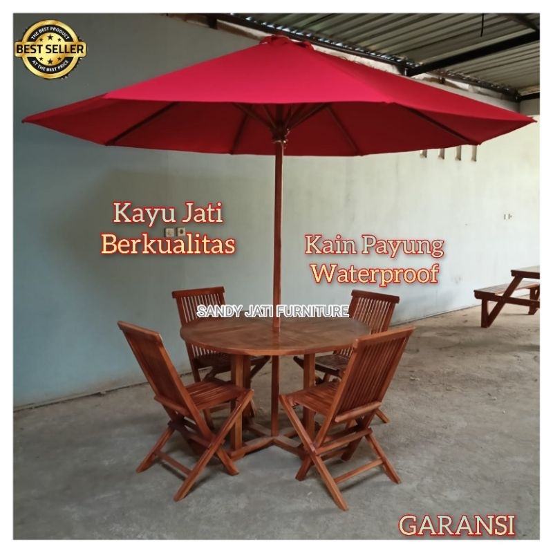 Meja Payung Kursi Taman Kafe Bahan Kayu Jati Outdoor.