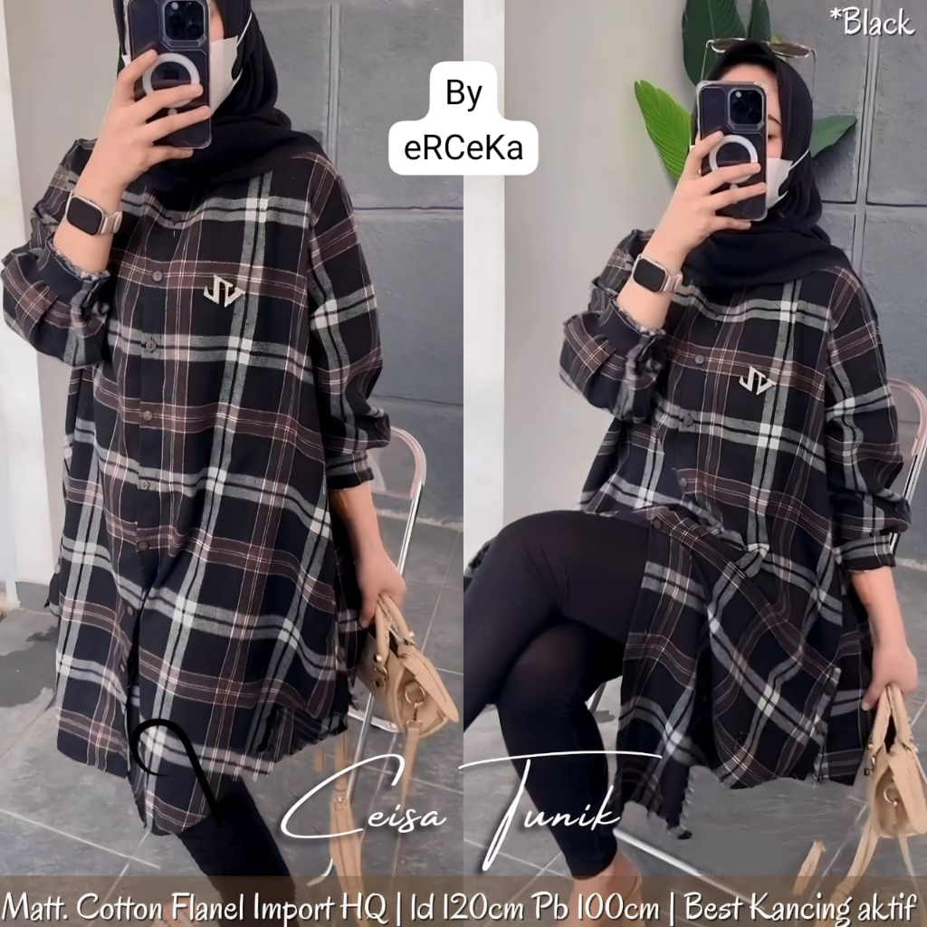 ceisa tunik tunic baju pakaian atasan dress dres panjang selutut katun flanel motif kotak jumbo ld 1