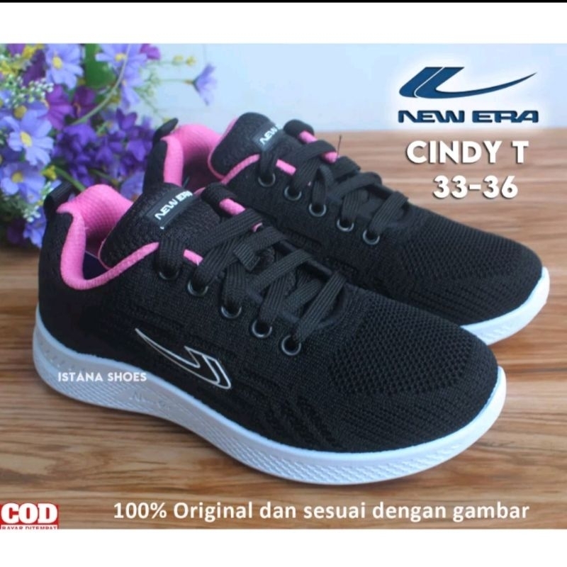 NEW ERA Sepatu Sekolah Anak Perempuan Kecil Tanggung Sd Tk Paud Perekat Tempel Tanpa Tali Hitam Putih Pink Original 29 sd 32