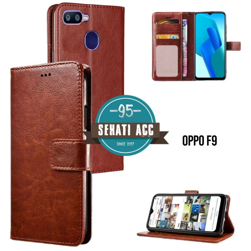 OPPO F9 / F9 Pro casing dompet flip polos kulit asli premium
